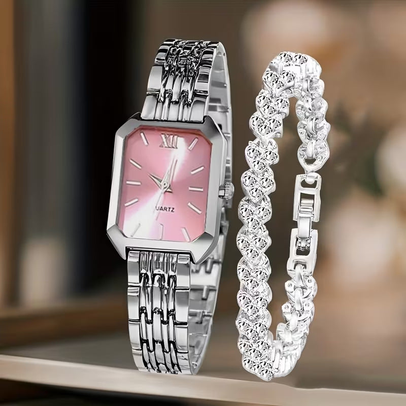 Parure montre carrée et bracelet à strass — coloris