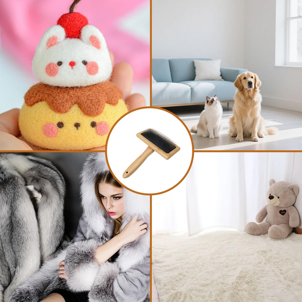 Brosse de toilettage à picots — manche en bambou, chien et chat