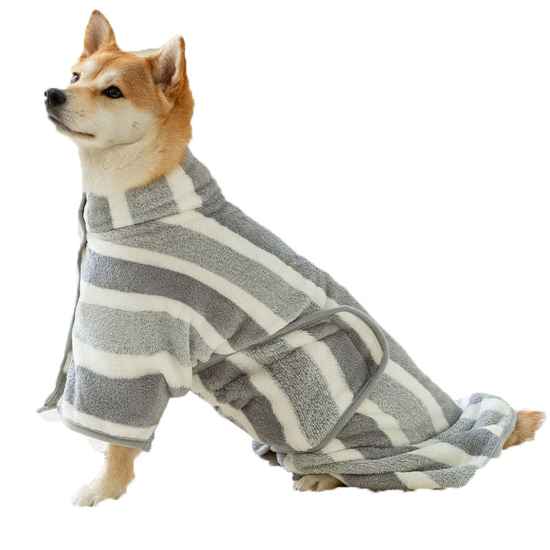 Peignoir de bain pour chien en polaire corail — capuche et ceinture