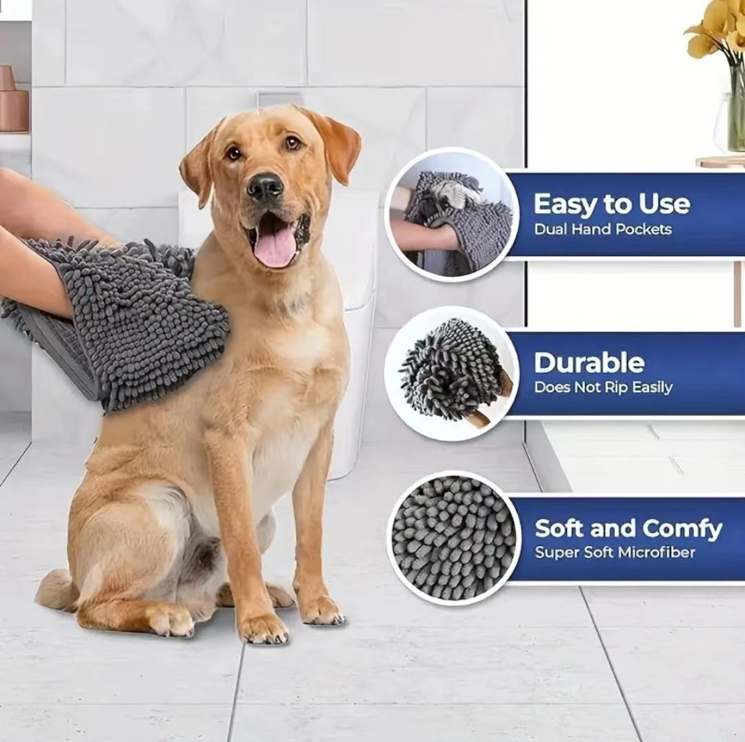 Serviette chenille pour chien et chat — deux poches pour les mains