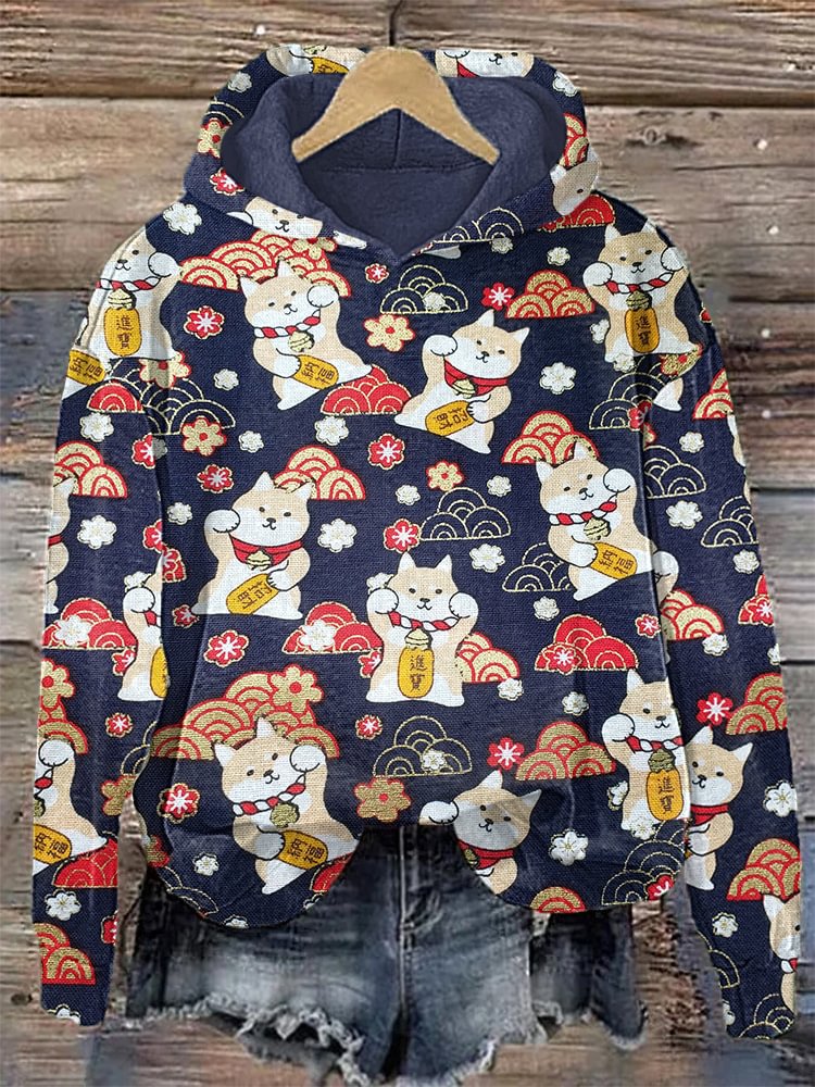 Sweat à capuche léger à imprimé japonais — baleine, chats, v — coloris