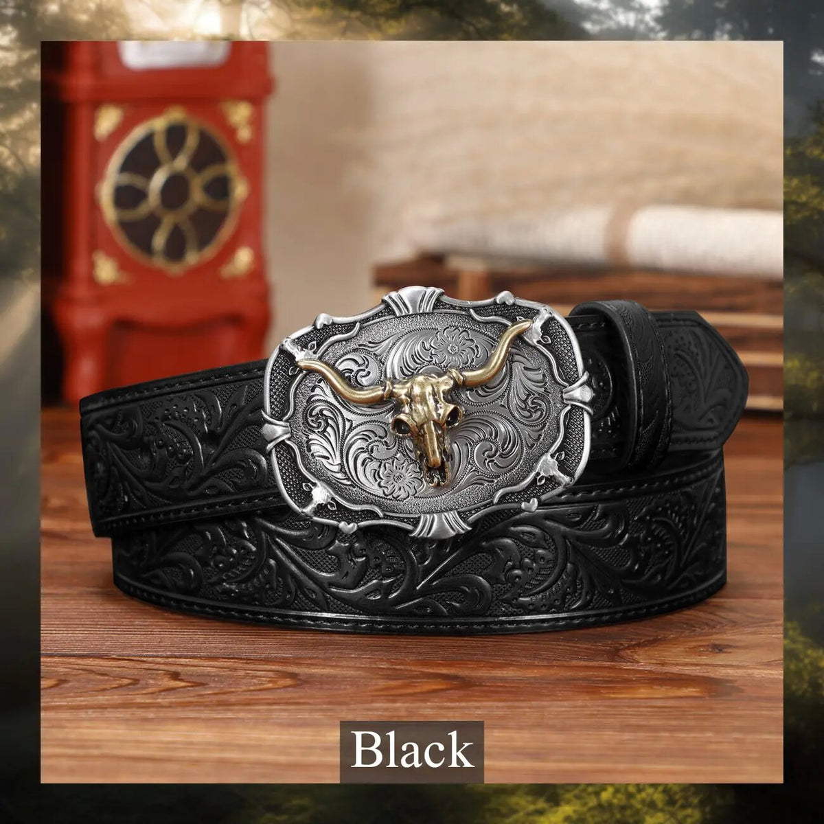 Ceinture homme en cuir gravé — boucle tête de taureau