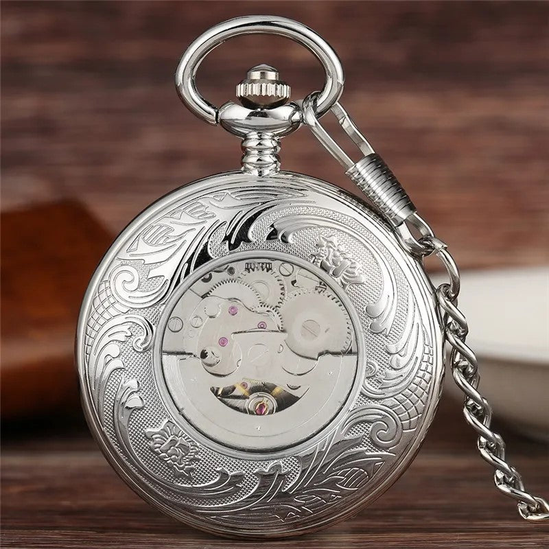 Montre de poche mécanique à couvercle ciselé et cadran bleu
