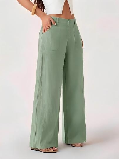 Pantalon large aspect coton-lin à poches plaquées