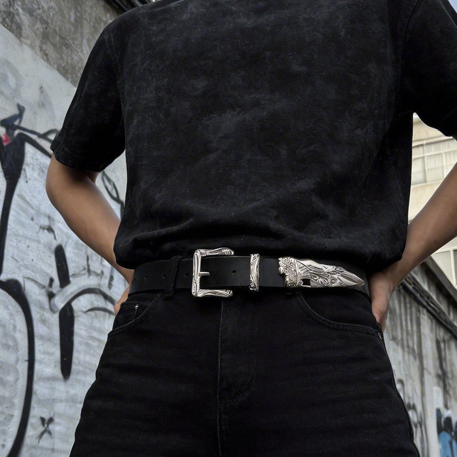 Ceinture mixte à boucle et embout ciselés, ligne western