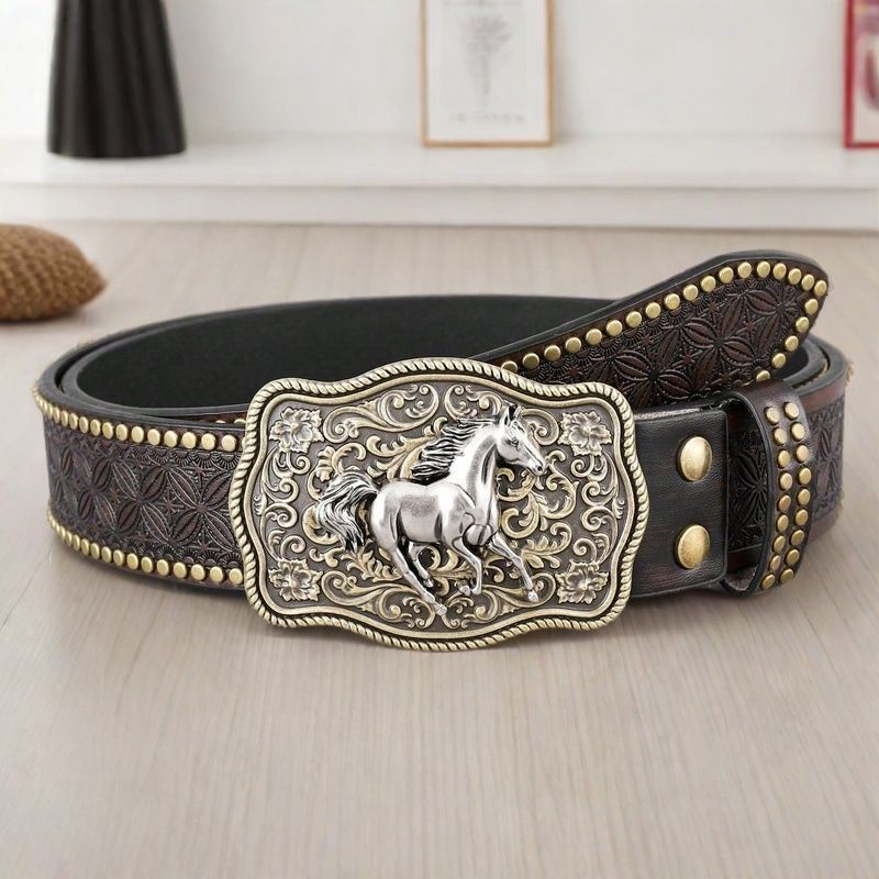 Ceinture homme en cuir clouté — gravure western, boucle appa — coloris