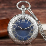 Montre de poche mécanique à couvercle ciselé et cadran bleu