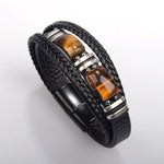 Bracelet homme multi-rangs en cuir et œil de tigre — fermoir acier