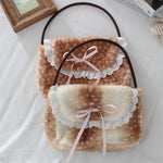 Sac à main en peluche motif faon — rabat en dentelle et nœud