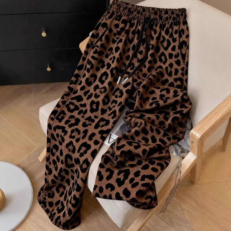Pantalon large à imprimé léopard — taille élastique à cordon