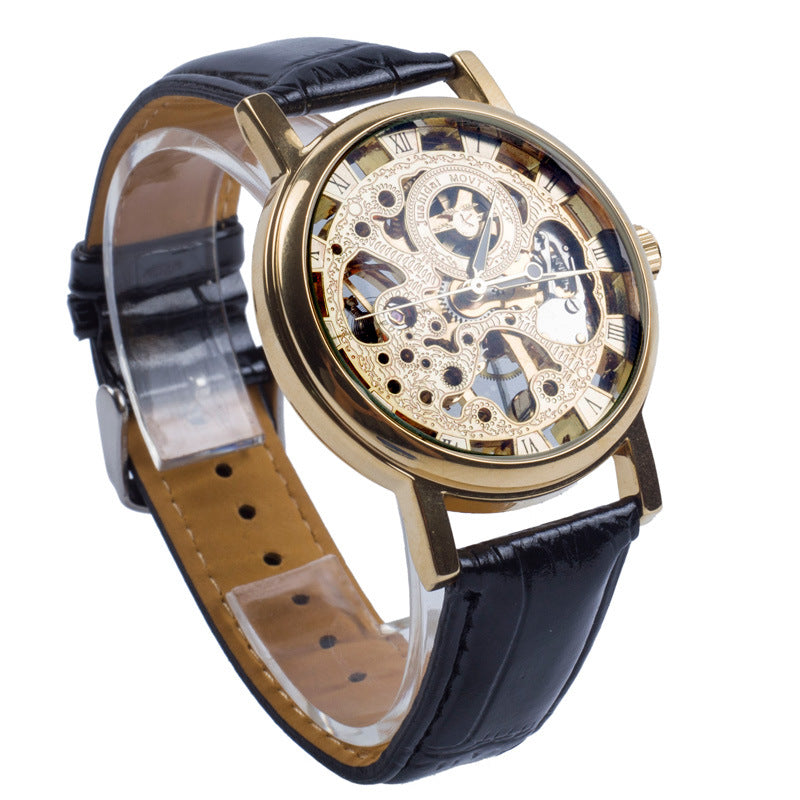 Montre mécanique squelette dorée à bracelet cuir noir