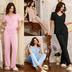Pyjama long à col V et boutons noués, manches courtes