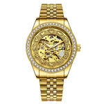 Montre automatique dorée à cadran ajouré et lunette sertie