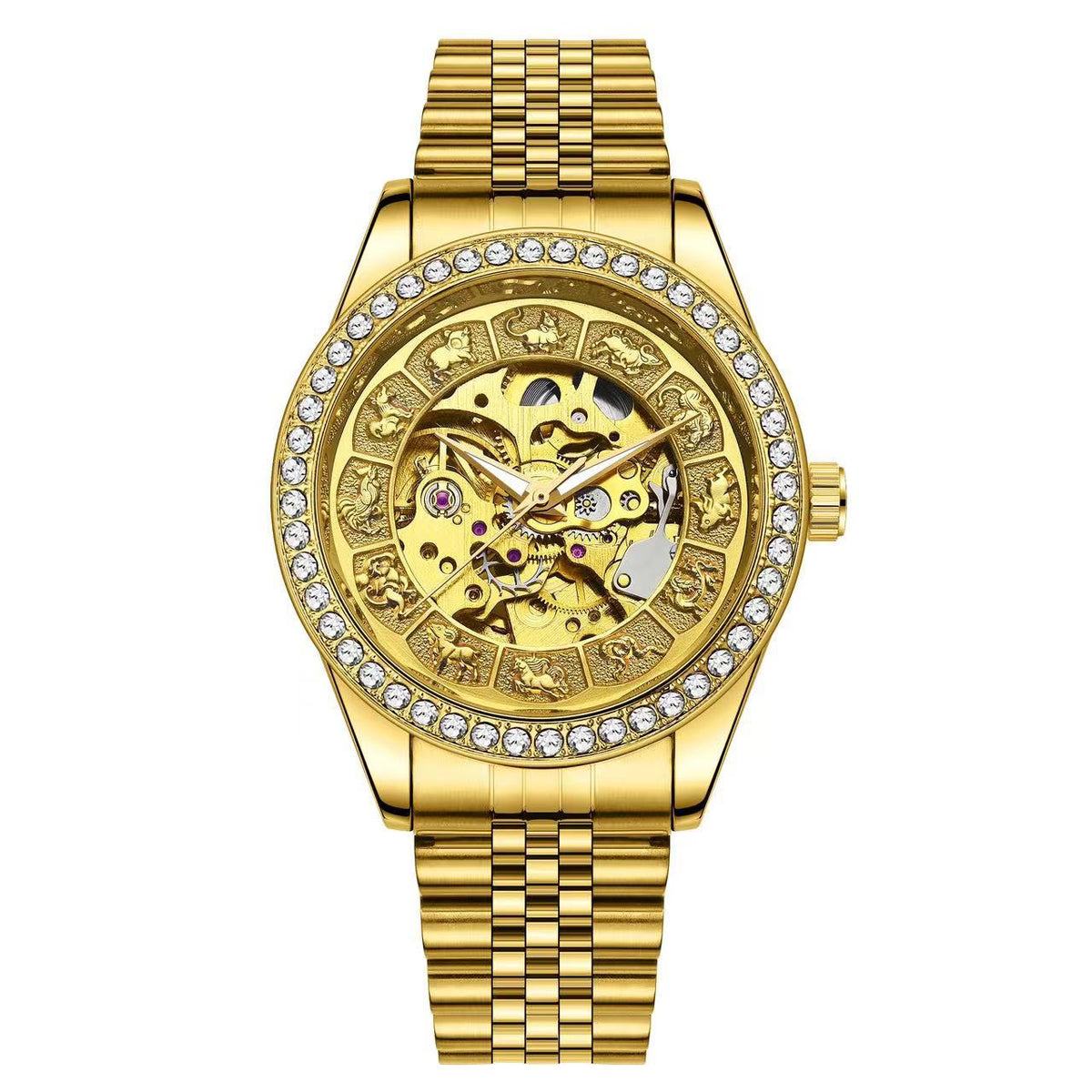 Montre automatique dorée à cadran ajouré et lunette sertie