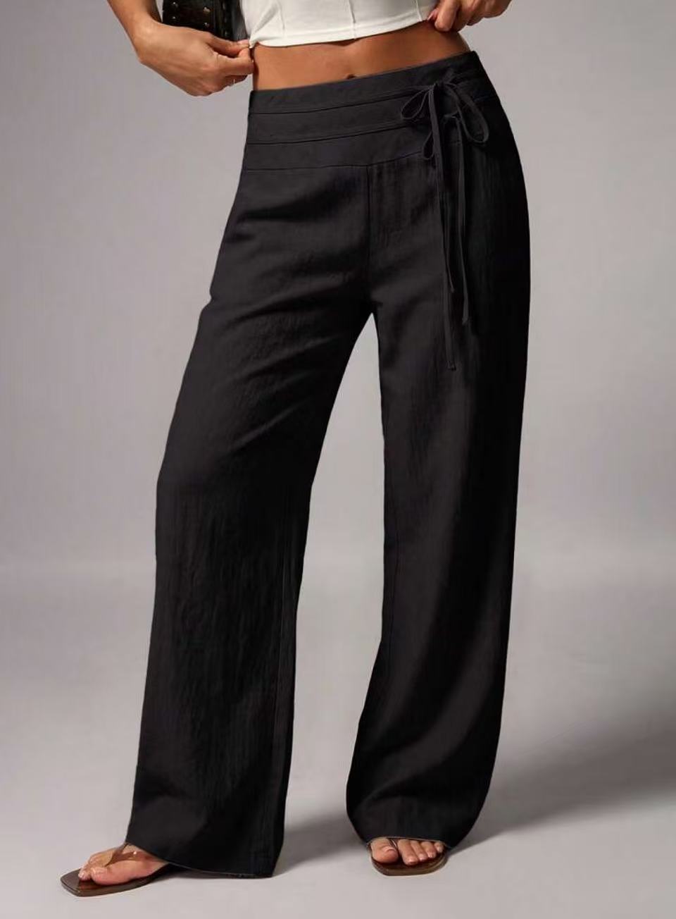 Pantalon large taille haute, ceinture à nouer — coloris