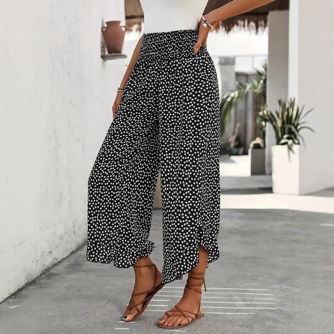 Pantalon large à pois, ourlet volanté