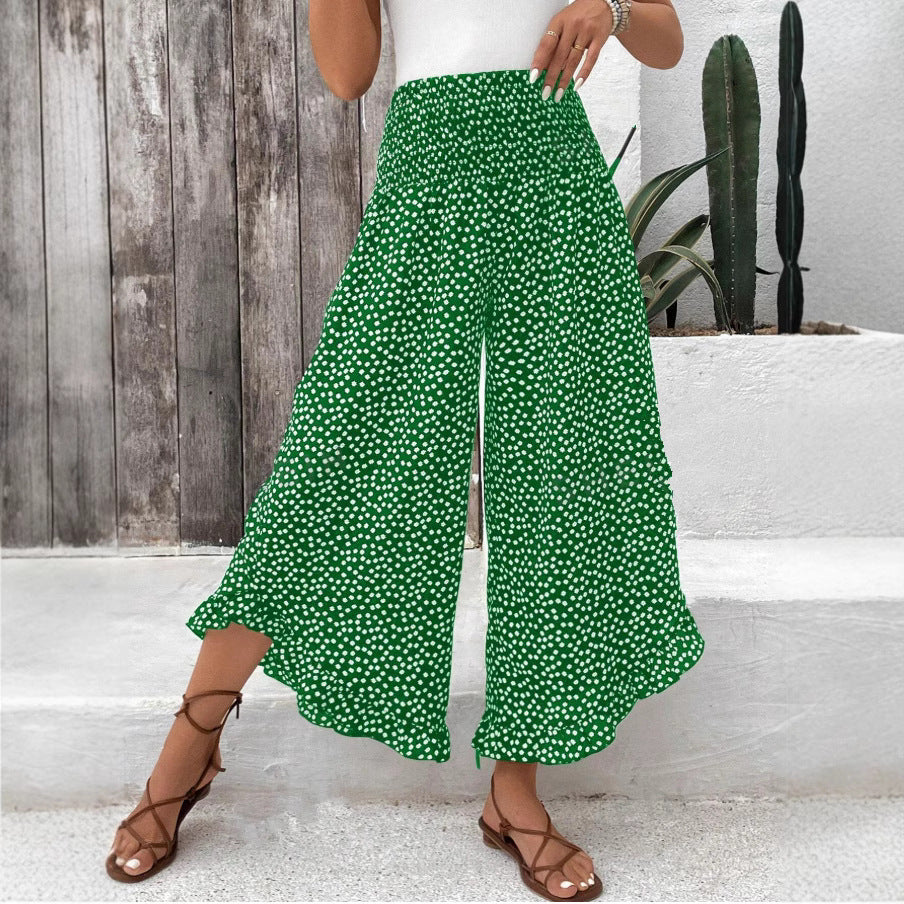 Pantalon large à pois, ourlet volanté