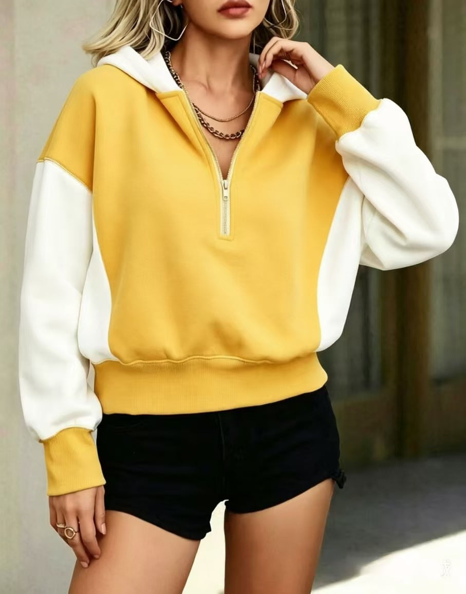 Sweat à capuche demi-zip bicolore — coupe décontractée