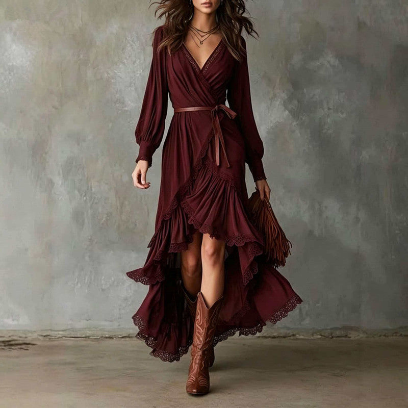 Robe longue portefeuille à volants asymétriques