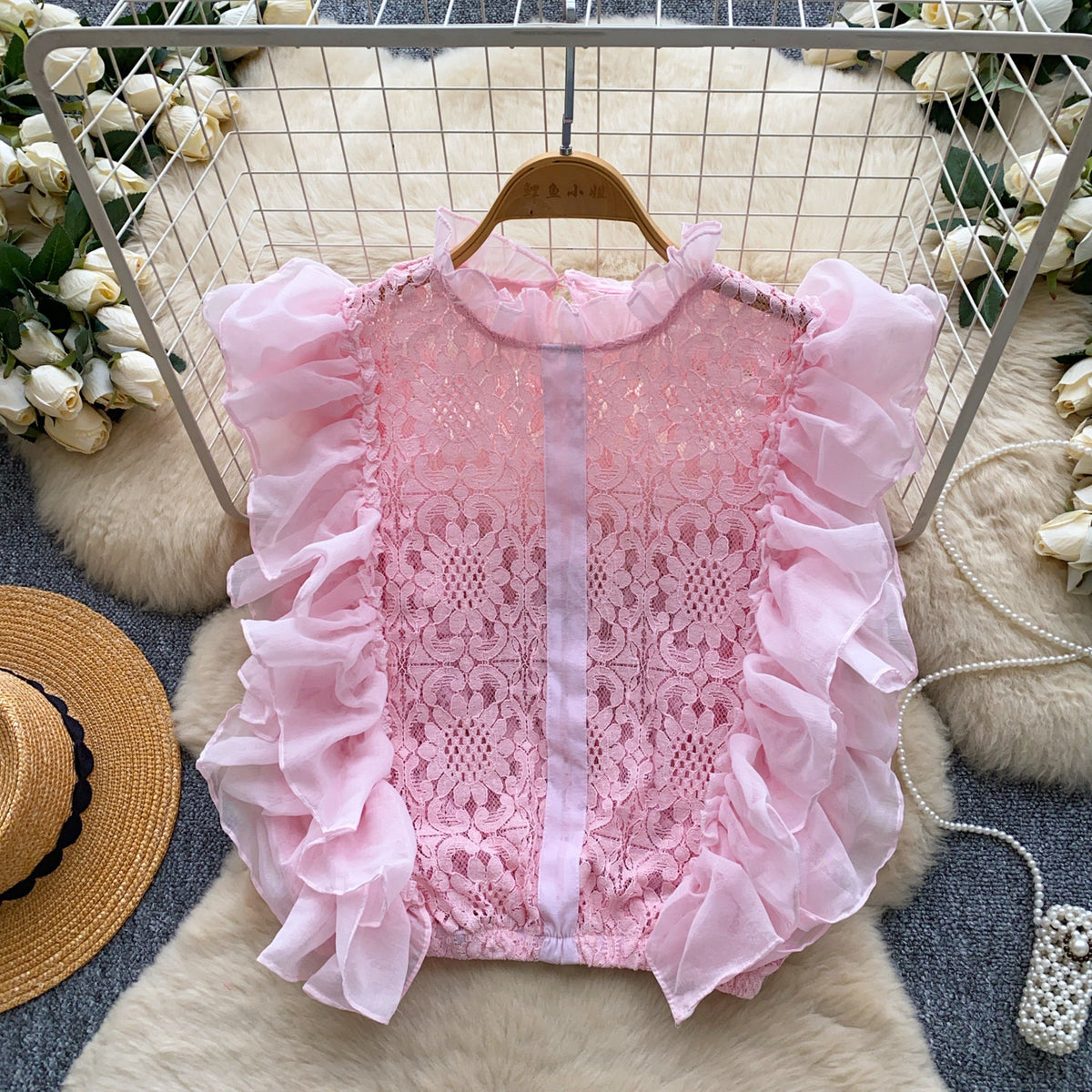 Top en dentelle à volants d’organza, taille unique