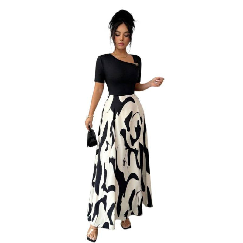 Robe longue bicolore, haut uni et jupe imprimée
