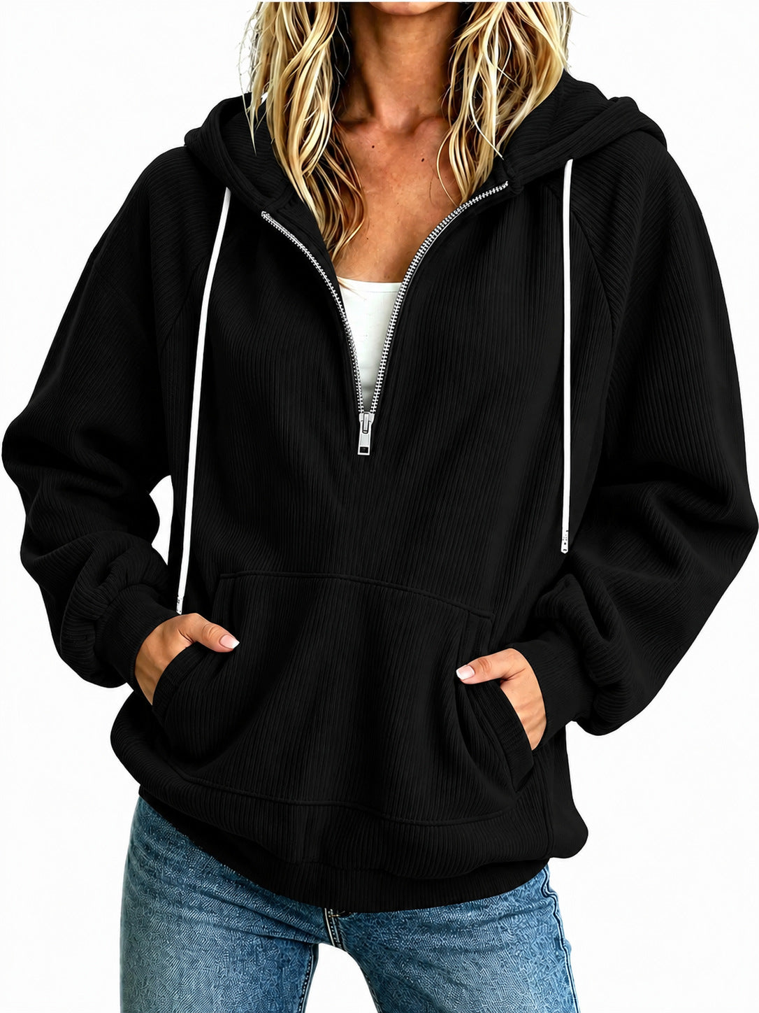 Sweat à capuche demi-zip — coupe ample, cordon de serrage — coloris