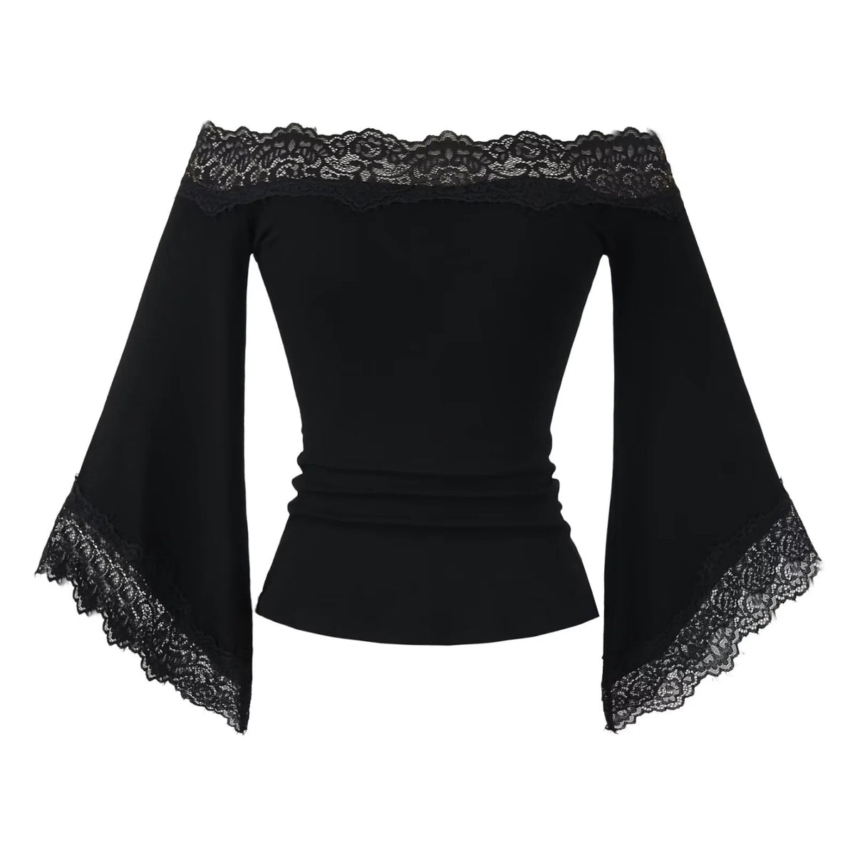 Top col Bardot à manches évasées bordées de dentelle