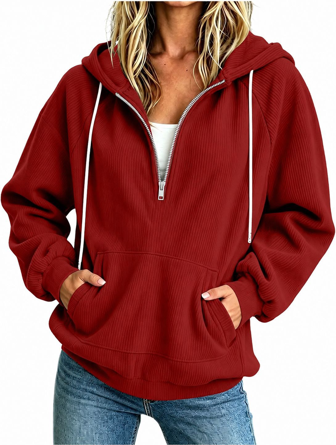 Sweat à capuche demi-zip — coupe ample, cordon de serrage — coloris