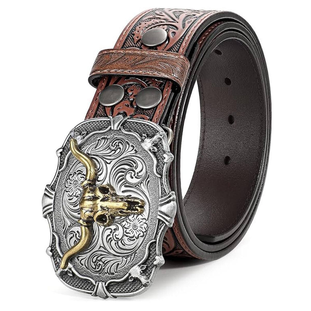Ceinture homme en cuir gravé — boucle tête de taureau