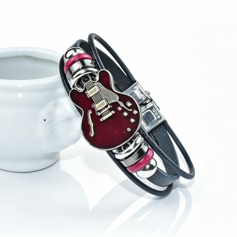 Bracelet homme en cuir véritable motif guitare — boucle en acier titane
