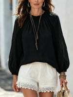 Blouse à manches lanternes, encolure à lien