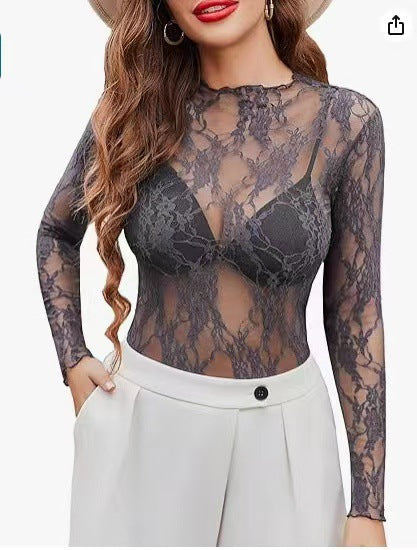 Top en dentelle florale à col montant, entièrement transpare — coloris