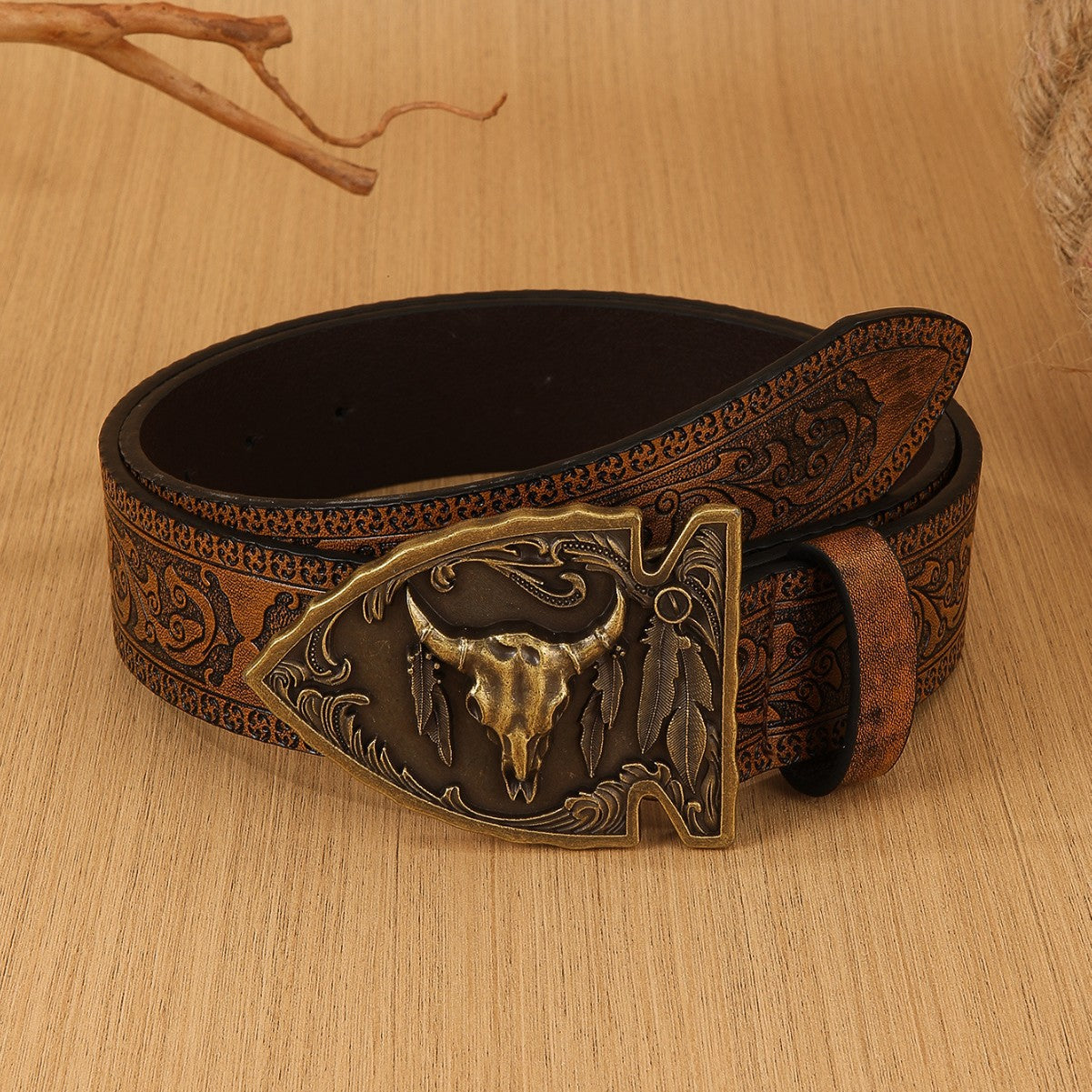 Ceinture western homme en simili cuir repoussé, boucle tête de taureau