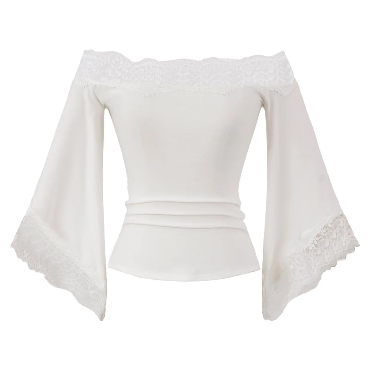 Top col Bardot à manches évasées bordées de dentelle