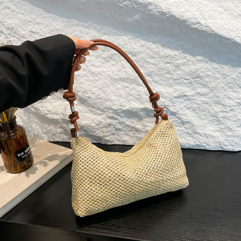 Sac d'épaule en paille tressée — anse nouée, poche intérieure
