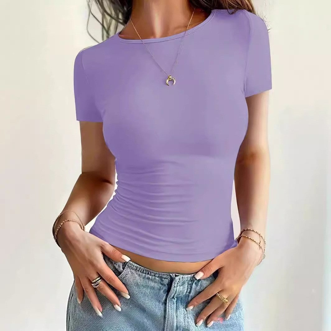 T-shirt court près du corps — col rond, maille extensible — coloris