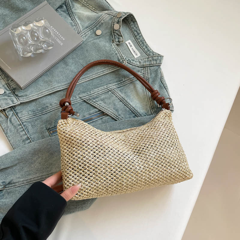 Sac d'épaule en paille tressée — anse nouée, poche intérieure