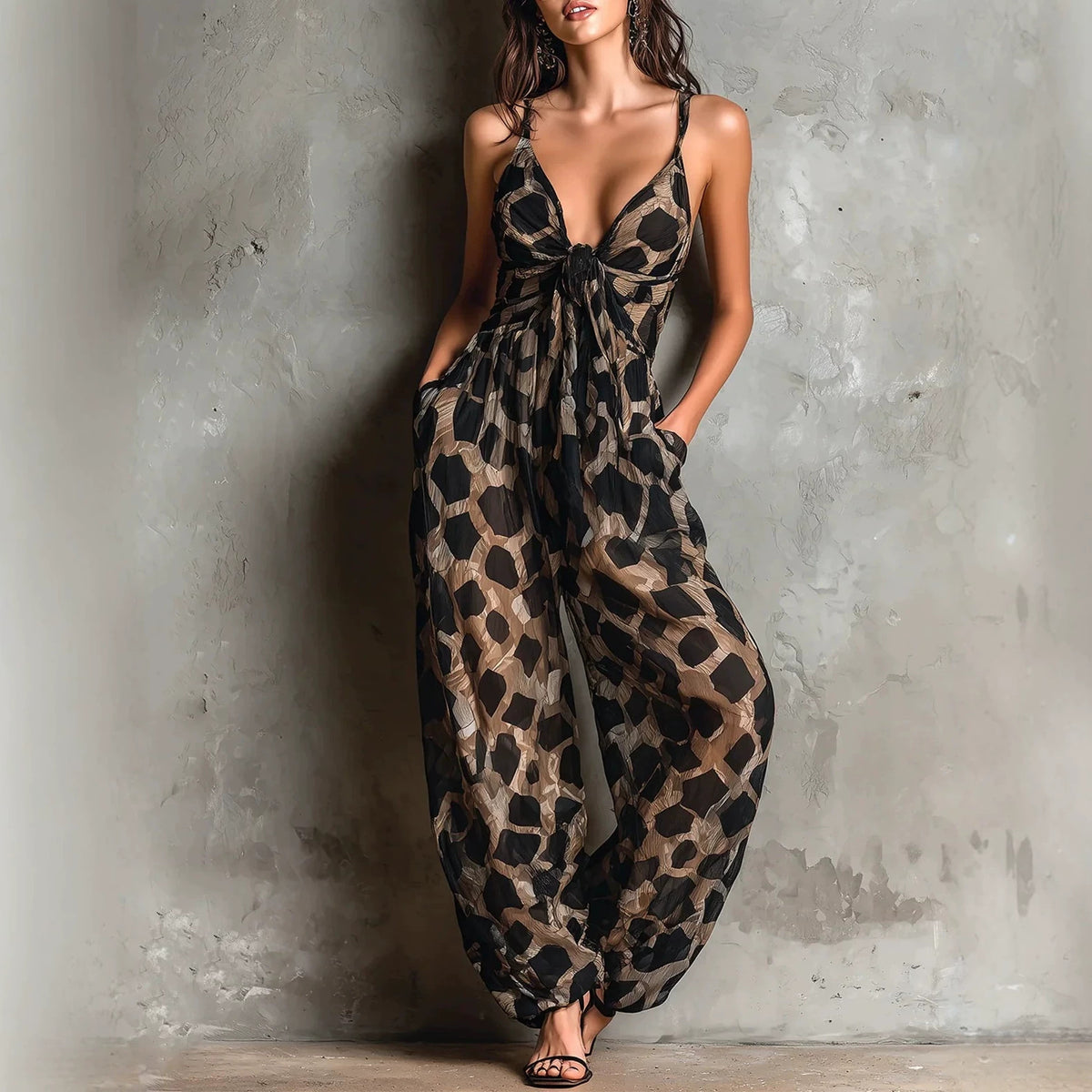 Combinaison pantalon léopard — col V et bretelles à nouer
