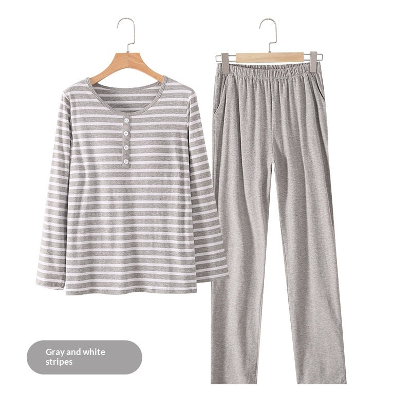 Pyjama long à rayures, haut boutonné et pantalon uni