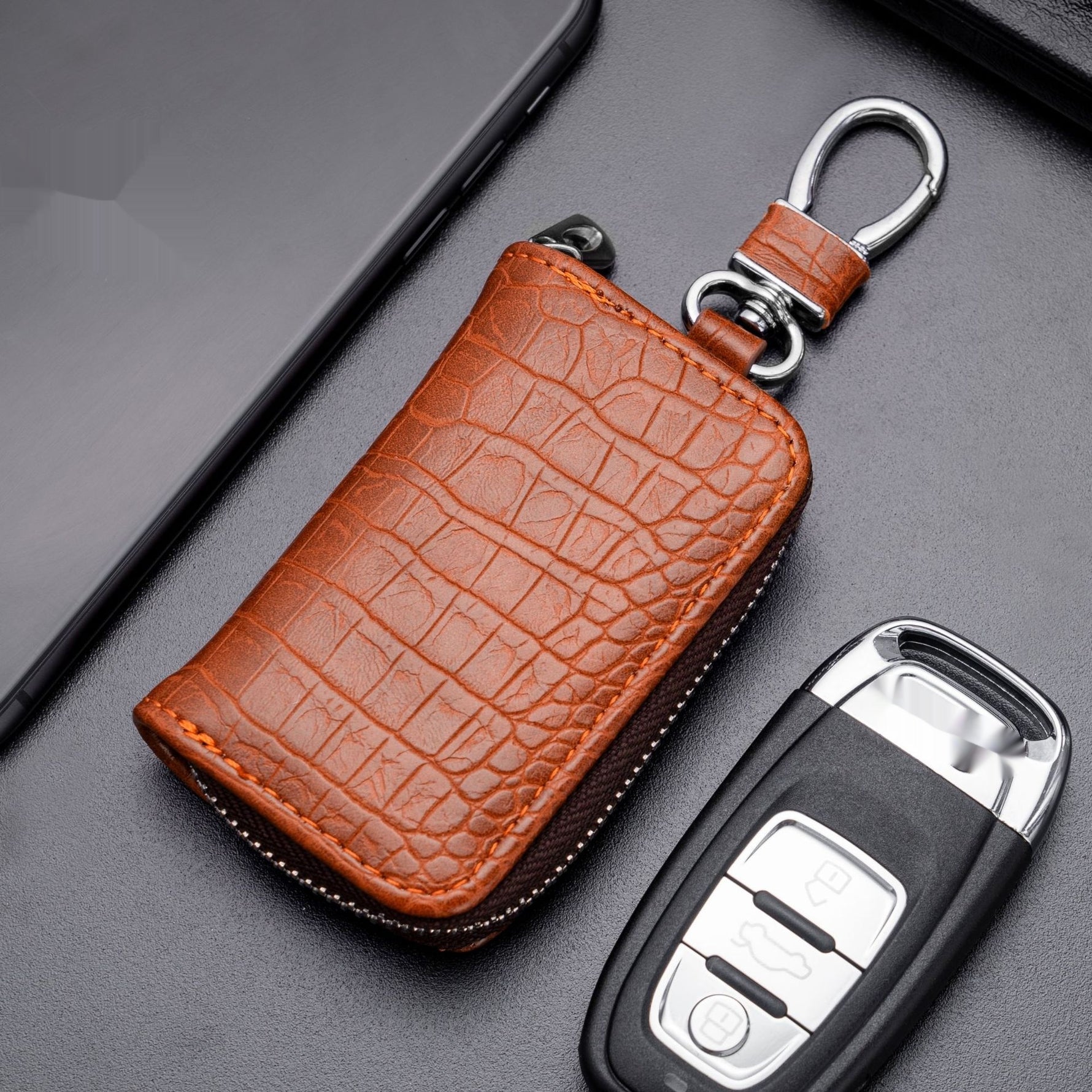 Étui à clé de voiture en cuir synthétique — ligne sobre