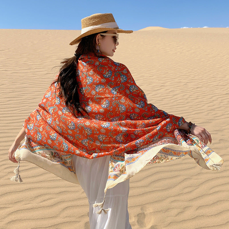 Châle d'été en mousseline de Bali — imprimé fleuri orange
