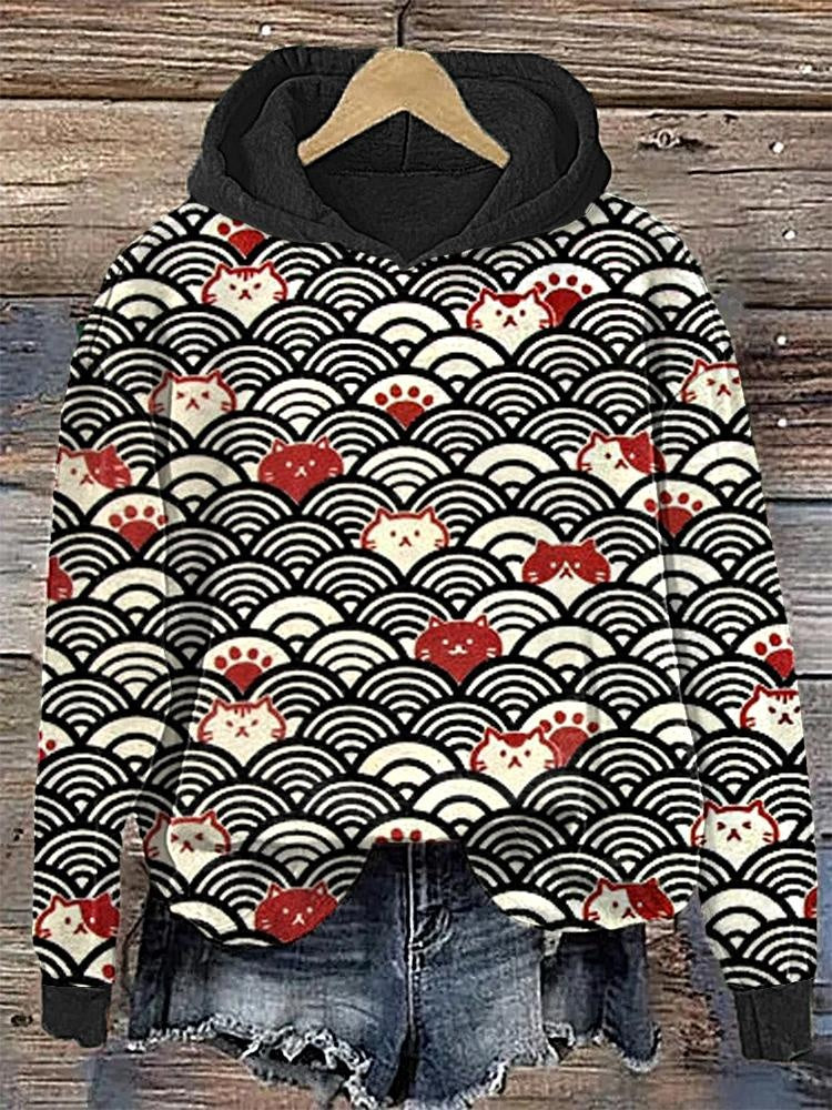 Sweat à capuche léger à imprimé japonais — baleine, chats, v — coloris