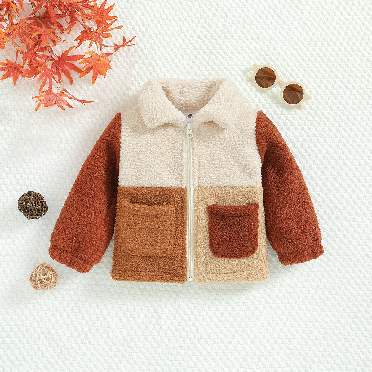 Veste sherpa enfant à col chemise — zippée, bicolore