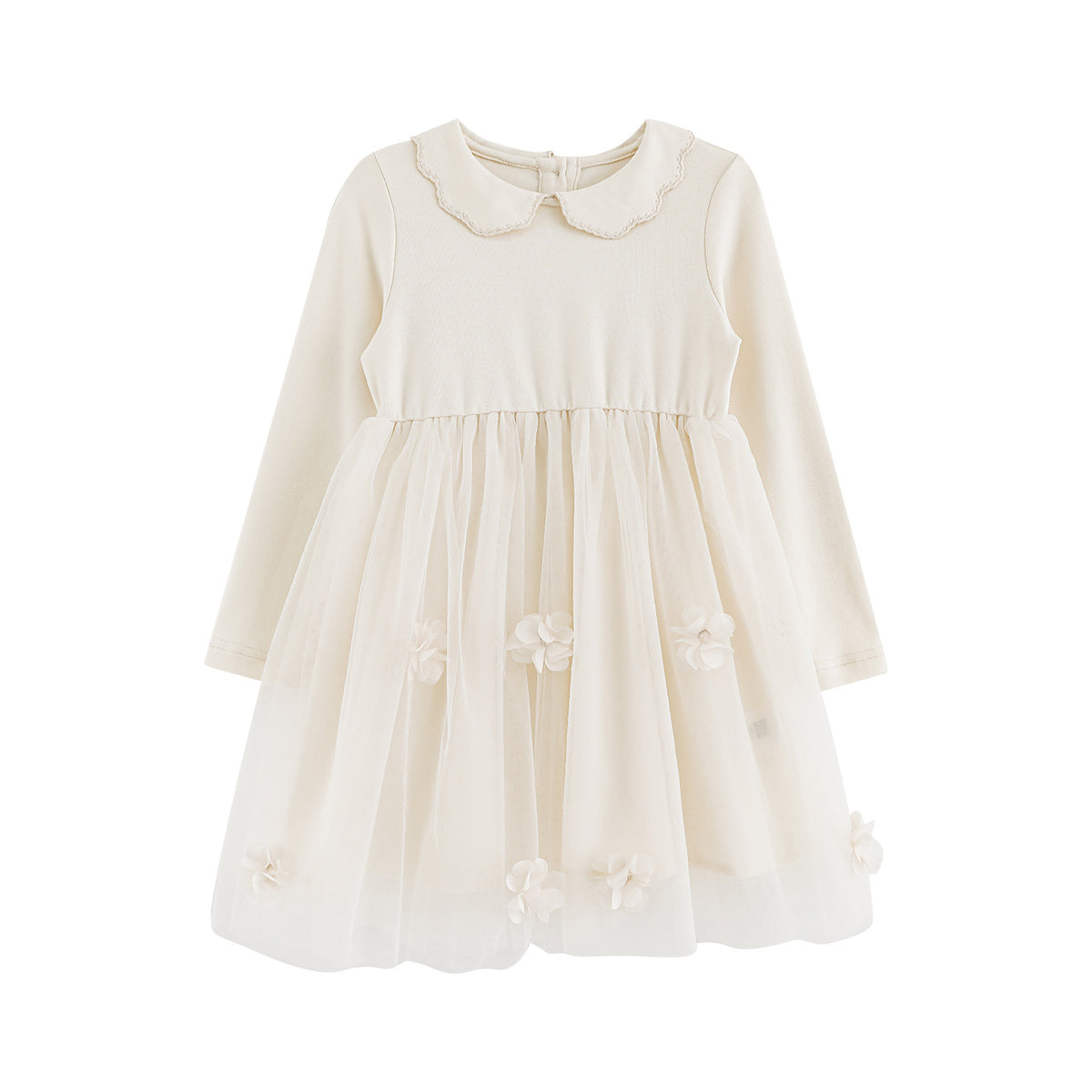 Robe fille à col claudine et jupe en tulle fleuri — manches longues