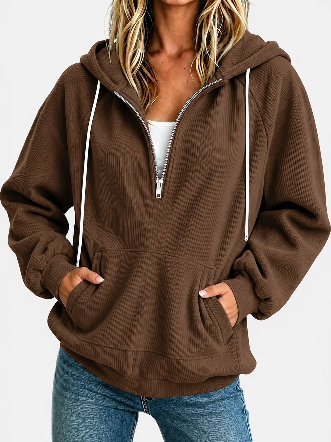 Sweat à capuche demi-zip — coupe ample, cordon de serrage — coloris