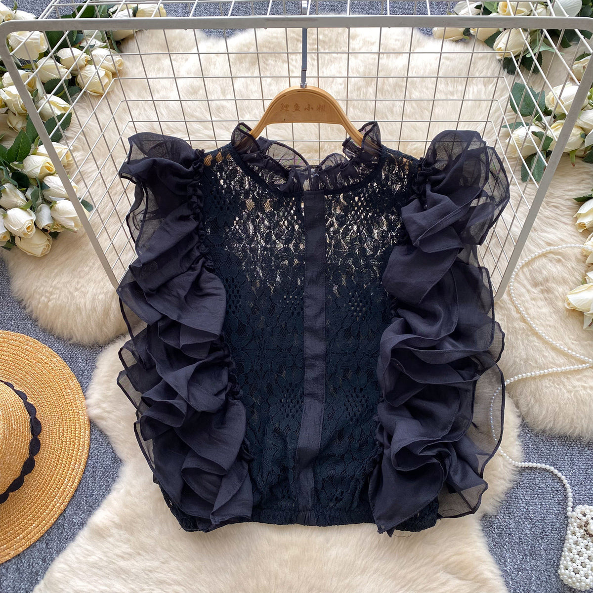 Top en dentelle à volants d’organza, taille unique — coloris