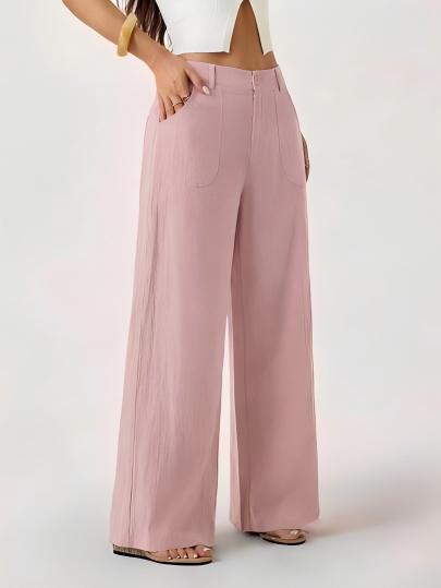 Pantalon large aspect coton-lin à poches plaquées — coloris