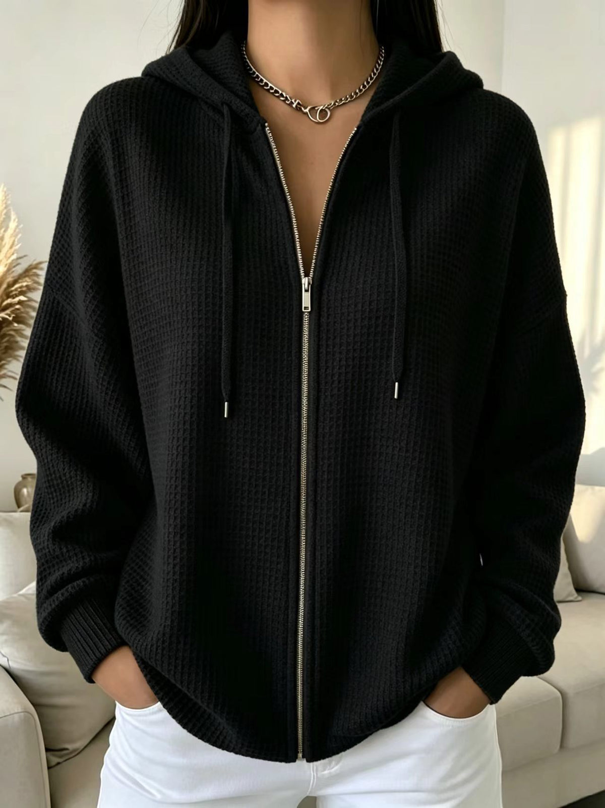 Gilet zippé à capuche en maille gaufrée — coloris
