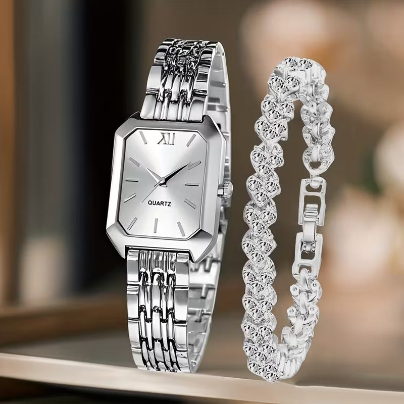 Parure montre carrée et bracelet à strass