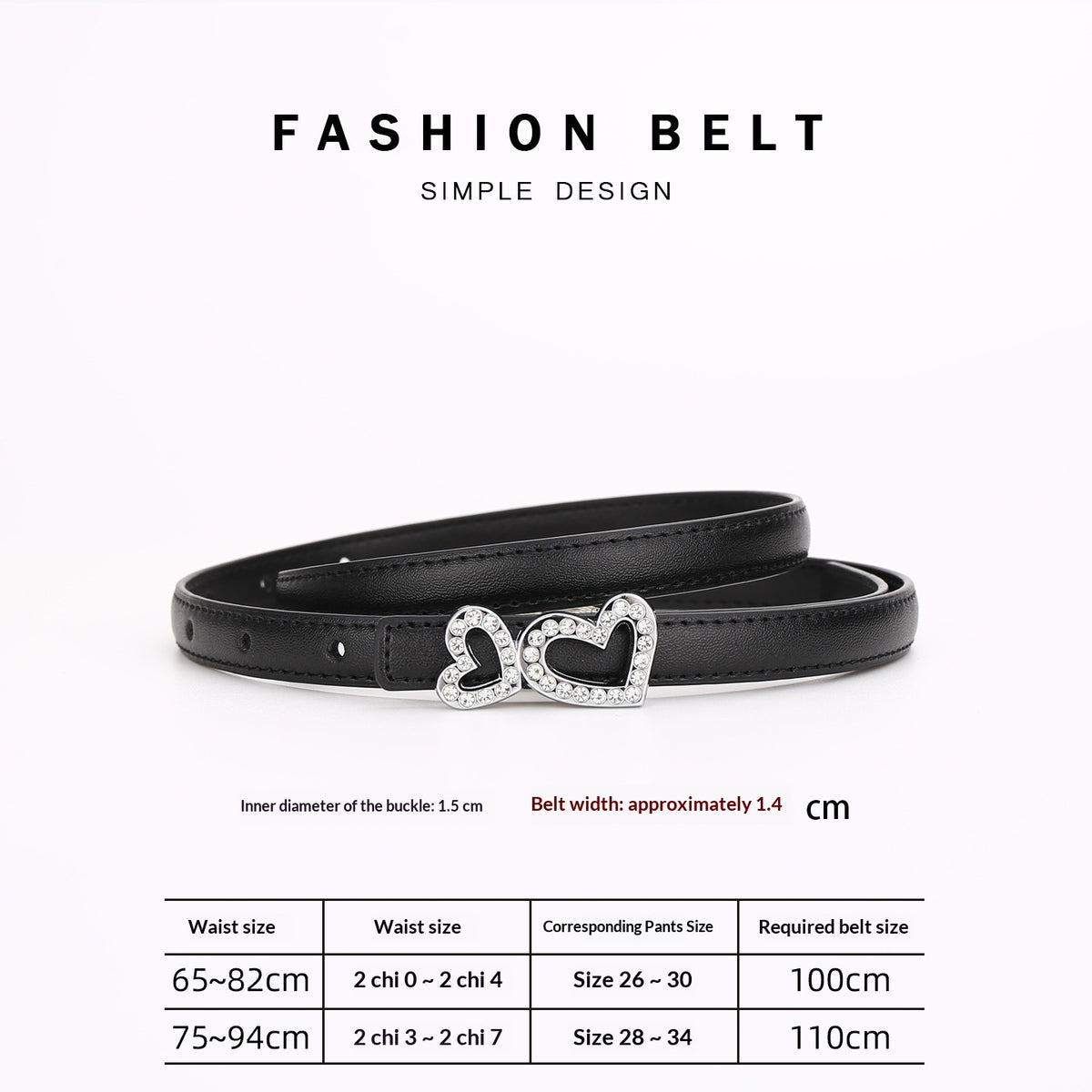 Ceinture fine en cuir, boucle deux cœurs sertis — coloris
